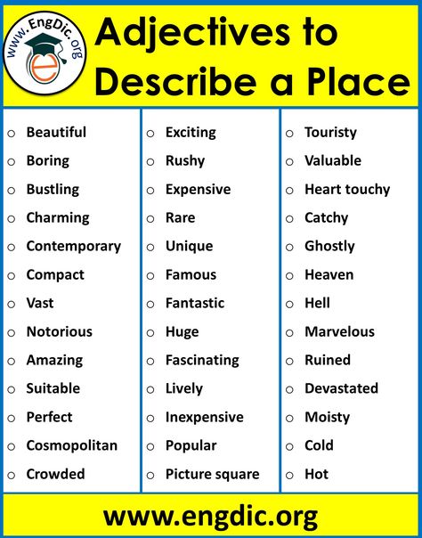 list of adjectives to describe a place! All important daily use positive and negative adjectives words are listed here to describe a place, like amazing, beautiful, notorious, well known etc. list of adjectives to describe a place Beautiful Boring Bustling Charming Contemporary Compact Vast Notorious Amazing Suitable Perfect Cosmopolitan Crowded Exciting Rushy Expensive Rare Unique […] The post List of adjectives to describe a place |Download PDF appeared first on 𝔈𝔫𝔤𝔇𝔦𝔠. List Of Words To Describe Yourself, Adjective To Describe Place, Adjectives To Describe A Place, Adjectives Describing Places, Describing Places Vocabulary, Words To Describe Places, Describing A Place Writing, How To Describe A Place In Writing, How To Describe A Place