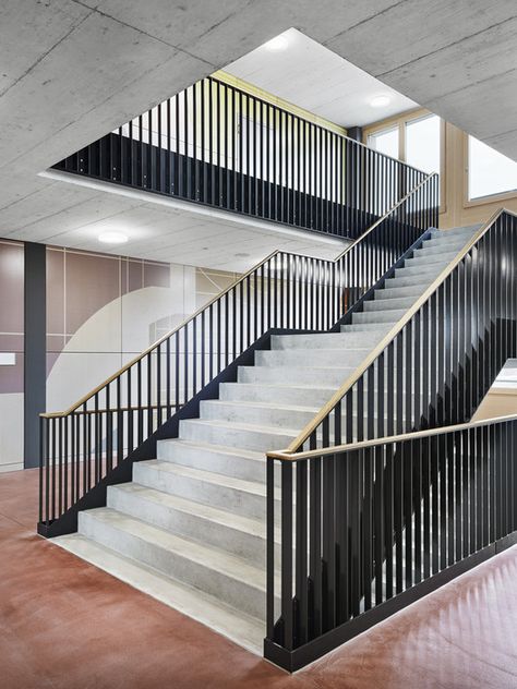 Gallery of Lindau School Sports Building / Schwabe Suter Architekten - 3 Balustrade Design, Stairway Design, Genius Loci, Modular Building, Education Design, School Building, Partition Wall, Stair Railing, School Sports