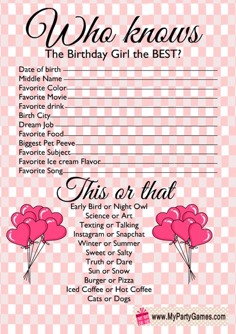 Who knows the Birthday Boy, Girl the Best? Free Printable Birthday Party Who Knows Me Best, Birthday Who Knows Me Best, Do You Know The Birthday Girl, Sweet 16 Birthday Party Games, Sweet 16 Printables Free, Things To Do For Your Sweet 16, Activities To Do On Your Birthday, Who Knows The Birthday Girl Best Game, 16th Birthday Game Ideas