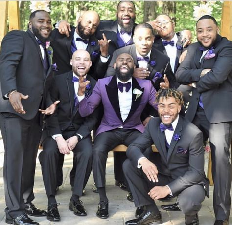 StylesbyChey Royal Purple Tuxedo Wedding, Black And Lilac Groomsmen, Purple And Gold Wedding Groomsmen, Purple And Gold Wedding Suits, Purple And Black Groomsmen Attire, Purple And Gold Wedding Party, Royal Purple Tuxedo, Violet And Black Wedding, Black And Purple Tuxedo Wedding