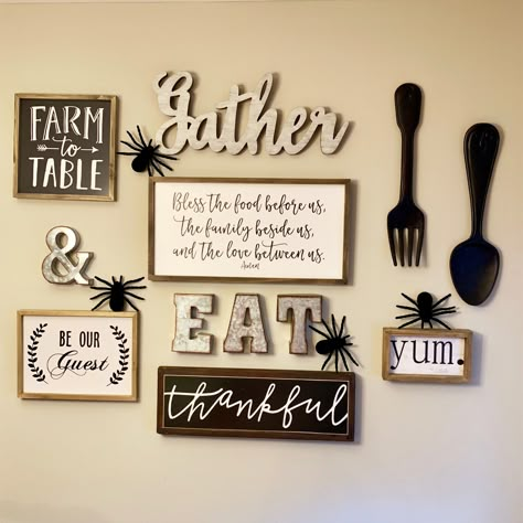 Dining Hall Wall Decor, Dining Room Main Wall Decor, Dining Hall Decor Ideas, Diy Dining Room Decor Ideas, Gallery Wall For Dining Room, Dinner Room Wall Decor Ideas, Simple Kitchen Decor Wall, Farmhouse Dining Room Wall Decor Ideas, Kitchen Collage Wall Ideas