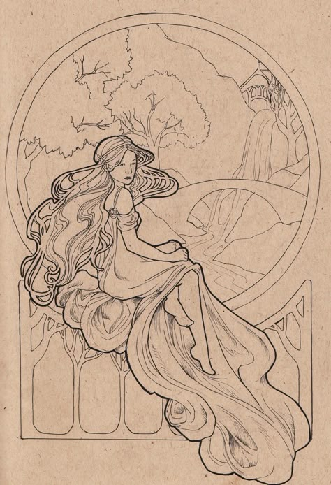 Arwen line art by Lamorien. http://lamorien.deviantart.com/art/Arwen-Line-art-162391026 Arwen Illustration, Art Neavou Tattoo, Noveau Art Illustration, Mucha Art Nouveau Illustrations, Art Nouveau Style Illustration, Art Nouveau Line Art, Art Nouveau Lines, Arwen Tattoo, Art Nouveau Drawing