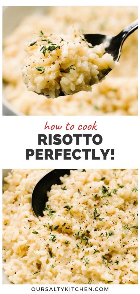 Let's learn how to cook risotto! Traditional risotto made on the stovetop is a labor of love, but with the right tips, it's so easy to cook and unbelievably creamy. Stovetop risotto really only requires patience and broth to activate the starchy goodness in arborio rice that creates this classic Italian comfort food. Follow our step by step tutorial and you'll have the confidence to make perfect restaurant quality risotto in no time! #risotto #italianfood #howtocook Green Bean Risotto, Italian Style Rice Recipes, Homemade Risotto Recipes, How To Cook Risotto Rice, How To Cook Risotto, Arborio Rice Recipes Easy, Italian Risotto Recipes, Chicken And Risotto Recipes, Arborio Rice Recipes