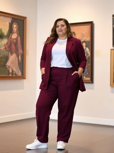 Plus-size woman in monochrome suit for fall power dressing Plus Size Interview Outfit Professional, Plus Size Tomboy Fashion, Monochrome Suit, Curvy Fall Outfits, Apple Body Shape Outfits, Christmas Fashion Outfits, Apple Shape Fashion, Cute Business Casual, Waist Accessories