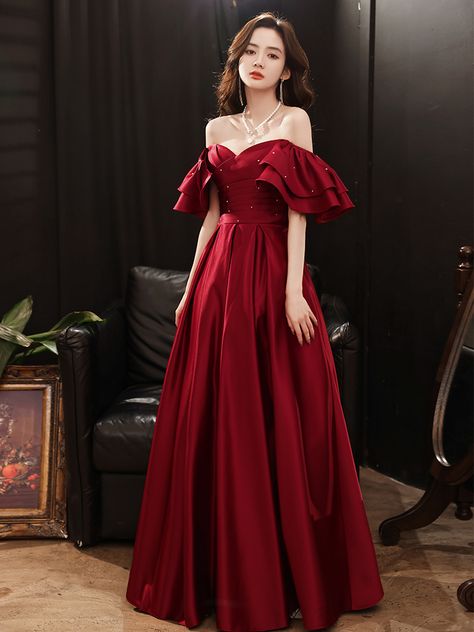 Red Grad Dresses Long Sleeve, Dark Red Off The Shoulder Dress, Maroon Off Shoulder Dress, Masquerade Ball Dresses Red, Pretty Red Dresses Prom, Red Prom Dresses Long Elegant Satin, Red Dresses Off The Shoulder, Prom Dresses In Red, Red Satin Ball Gown