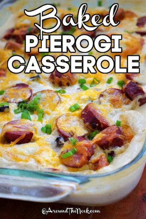 Layer the pierogi casserole ingredients in a foil lined baking pan and set it to bake, leaving plenty of time to make a delicious side dish. Try roasted broccoli or carrots, corn on the cob or even a crisp side salad. There will even be time to make dessert with a recipe this easy. #pierogiecasserolerecipe #easypierogicasserole #bakedpierogi #aroundthenook Perogie Casserole Pillsbury, Pillsbury Pierogi Casserole, Peroxide Casserole, Kielbasa Pierogie Casserole, Brats And Perogies, Pierogi Casserole Pillsbury, Frozen Side Dishes, Kielbasa And Pierogies Casseroles, Kielbasa And Pierogi Recipes