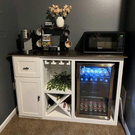 Rustic X Coffee Bar / Rustic X Farmhouse Coffee Bar / Mini Fridge Table / Dining Bar / Farmhouse Bar / Fridge Table / Mini Fridge Console - Etsy Coffee/wine Bar Ideas, Farmhouse Wine Bar, Diy Wine Bar, Wine Fridge Cabinet, Mini Fridge Bar, Mini Fridge In Bedroom, Coffee Bar Farmhouse, Mini Fridge Cabinet, Cabinet Coffee Bar