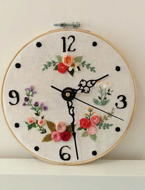 Hand Embroidered Clock. Embroidered Clock, Embroidery Clock, Embroidery Hoop Art Diy, Embroidery Stitches Beginner, Embroidery Hoop Crafts, Embroidery Hoop Wall Art, Floral Embroidery Patterns, Diy Embroidery Patterns, Embroidery Stitches Tutorial