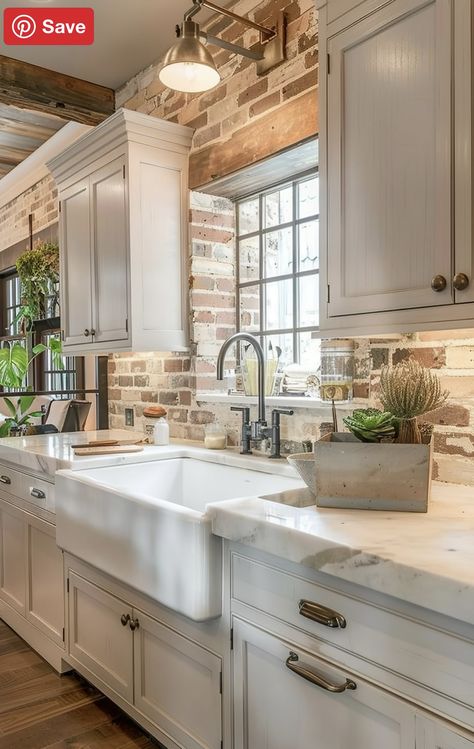 Kitchen Backsplash White Cabinets, Red Brick Kitchen, Kitchen Backsplash White, Backsplash White Cabinets, Kitchen With Brick Wall, Brick Kitchen Backsplash, Backsplash White, Brick Backsplash Kitchen, Cream Kitchen