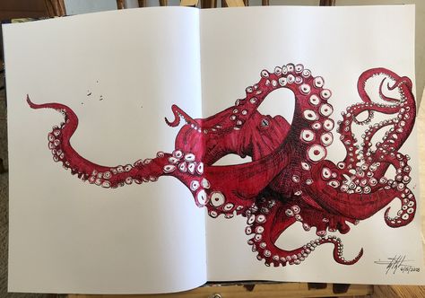 Octopus Ink Art, Red Octopus Drawing, Octopus Ink Drawing, Red Octopus Tattoo, Octopus Drawing Sketches, Octopus Art Drawing, Octopus Sketch, Octopus Artwork, Octopus Drawing