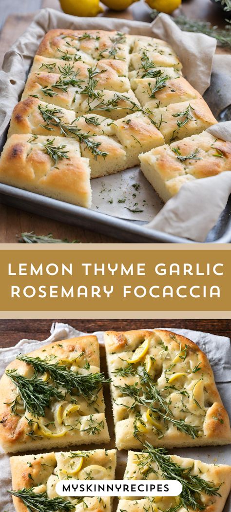 Delight in Lemon Thyme Garlic Rosemary Focaccia 🍋🌿! Aromatic, flavorful, and easy to bake. Perfect for any occasion! #Focaccia #Baking #Homemade#myskinnyrecipes . Thyme Bread, Rosemary Garlic Bread, Rosemary Focaccia, Rosemary Bread, Easy To Bake, Dutch Oven Bread, Baking Homemade, Focaccia Recipe, Lemon Thyme