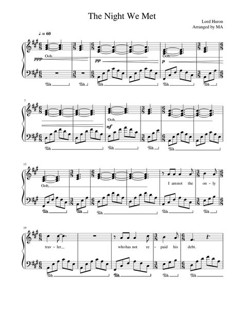 Download and print in PDF or MIDI free sheet music for the night we met by Lord Huron arranged by Midnight Alice for Piano, Vocals (Piano-Voice) The Night We Met Piano Sheet, Free Guitar Sheet Music, Sheet Music Tattoo, Learn Piano Notes, Popular Piano Sheet Music, Piano Songs Sheet Music, Piano Sheet Music Letters, Piano Notes Songs, Room Collage