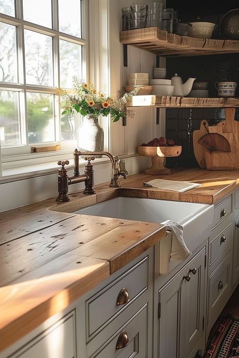 Kitchen Butcher Block Countertops, Farmhouse Furniture Ideas, Kitchen Butcher Block, Diy Farmhouse Ideas, Modern Farmhouse Ideas, Rustic Farmhouse Furniture, Butcher Block Kitchen, Minimalist Kitchen Design, House Decor Rustic