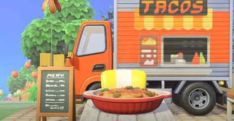 Acnh Nooks Cranny Design Code, Food Trucks Animal Crossing, Animal Crossing Food Truck Code, Food Truck Acnh Design, Acnh Delivery Truck, Truck Acnh Design, Food Truck Design Codes Acnh, Taco Truck Animal Crossing, Animal Crossing Food Truck Design