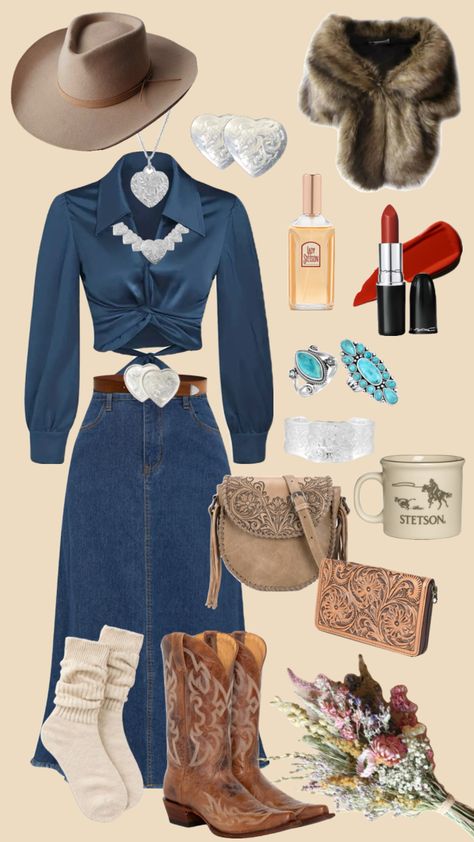 #dressedinblue #western #denim #nightout #western #cowboy #cowgirl Jean Skirt Outfits Country Cowgirl Boots, Western Outfits Women Old Fashioned, Fancy Southern Outfit, Jean Skirt Outfits Country, Old Western Outfits, Cowgirl Western Outfits, 80s Western Fashion, Denim Western Outfit, Old Western Outfits Women