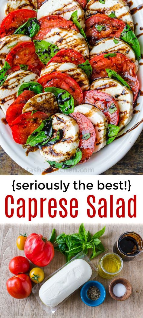 How to make Caprese Salad with the best homemade balsamic glaze! #caprese #Italiansalad #salad #saladrecipes #natashaskitchen Caprese Salad Salad, Salad Recipes Caprese, Meal Prep Caprese Salad, Caprese Salad Heirloom Tomatoes, Caprese Salad Lunch, Caprese Salad On Bread, Salads With Balsamic Glaze, Dressing For Caprese Salad, Balsamic Glaze For Caprese Salad