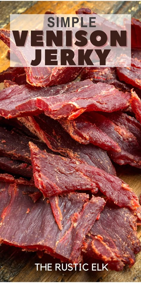 Easy venison jerky recipe perfect for snacking and full of meaty flavor! Make delicious and healthy venison jerky out of a venison roast with this simple tutorial including the best venison jerky marinade and seasoning and instructions to make it in a dehydrator or an oven! Spicy Deer Jerky Recipe, Antelope Jerky Recipes, How To Make Venison Jerky, Dehydrated Venison Jerky, Best Venison Jerky Recipe, Venison Teriyaki Jerky Recipe, Elk Jerky Marinade Recipes, Diy Deer Jerky Seasoning, Homemade Oven Jerky