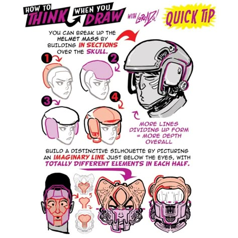 How to THINK when you draw HELMET DESIGN CONCEPTS QUICK TIP! Want EVERY TUTORIAL I’ve EVER DONE for FREE?! I've posted them all up in an… How To Draw Cyberpunk, How To Draw Helmets, How To Draw A Helmet, Cyberpunk Helmet Concept Art, Holding Helmet Pose Reference, Taking Off Helmet Pose, Helmet Character Design, Helmet Drawing Reference, How To Draw Metal