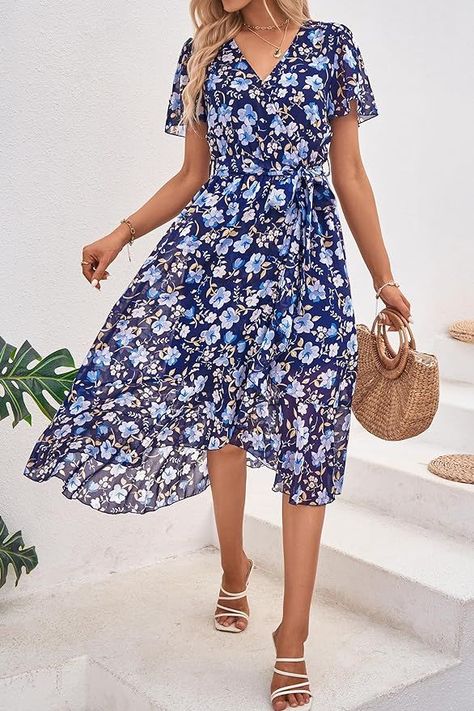 Wrap V Neck Short Sleeve Belted Ruffle Hem A-Line Flowy Maxi Dresses #AD Floral Boho Dress, Dress Wrap, Boho Floral Dress, Flowy Maxi Dress, Bohemian Dress, Ruffle Hem, Maxi Dresses, Boho Dress, Perfect Dress