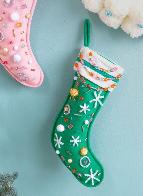 Fun Christmas Stocking Ideas, Diy Xmas Stocking, Stocking Designs Diy, Colorful Stockings Christmas, Decorate Stockings Christmas Diy, See Christmas Stocking, Decorate Stockings Christmas, Stocking Diy Decorate, Diy Stocking Decorating Ideas