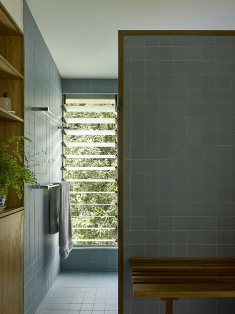 Bardon Undercroft House – Kieron Gait Architects Blue Tiled Bathroom, Bathroom Platform, Laundry Renovation, Add A Bathroom, Tiled Bathroom, Top Architects, Timber House, Comfortable Place, Open Concept Kitchen