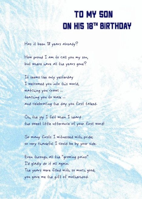 To My Son On His 18th Birthday card To My Son On His 18th Birthday, Son 18th Birthday Quotes From Mom, Letter To My Son On His 18th Birthday, 18th Birthday Son Quotes, 18th Birthday Quotes For Son, Sons 18th Birthday Ideas, Ideas For 18th Birthday For Boys, Sons 18th Birthday Quotes Mom, 18th Boy Birthday Party Ideas