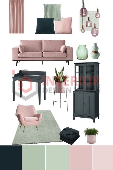 living room area design Blush Pink And Green Office, Pink And Brown Living Room Decor, Pink Green Black Living Room, Blue Green Pink Color Palette Living Room, Lilac And Green Living Room, Green Pink Mood Board, Blush And Sage Living Room, Living Room Green And Pink, Pink Green Living Room Ideas