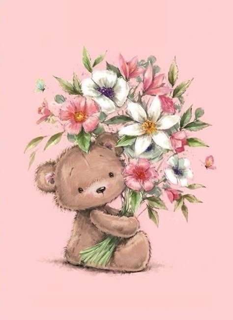 Bear With Flowers Drawing, Teddy Bear Holding Flowers Drawing, Bear With Flowers, Teddy Illustration, Birthday Greetings For Sister, Forever Friends Bear, Teddy Bear Wallpaper, Teddy Bear Images, Happy Birthday Greetings Friends