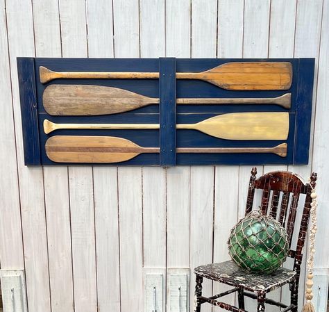 Oars On Wall Decor, Oars On Wall Decor Ideas, Wooden Oars Decor, Bedroom Lake House, Painted Oars, Paddle Decor, Wooden Oars, Nautical Bedroom, Rustic Headboard