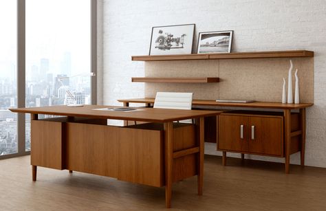 Neo Retro Modern Wood Office and Home Office Desk set Mid Century Modern Office Desk, Mid Century Desk Chair, Modern Wood Desk, Executive Office Design, Modern Office Table, Office Desk Set, Mid Century Office, Mid Century Modern Office, Mid Century Modern Desk