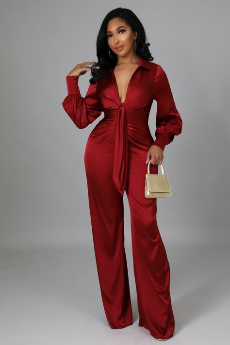 Red Fitted V-neck Jumpsuits And Rompers, Red V-neck Jumpsuits And Rompers For Loungewear, Red V-neck Jumpsuit For Loungewear, Elegant Red Overall Jumpsuit/romper, Red Fitted V-neck Jumpsuit, Jumpsuit Long Sleeve, Stretch Jumpsuit, Jumpsuit Long, Satin Jumpsuit