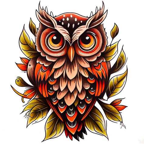 Get inspired by our owl tattoo design, featuring a stunning and detailed owl that will add a touch of timeless beauty to any setting. Colored Owl Tattoo, Traditional Owl, Owl Tattoo Color, Vintage Owl Tattoo, Traditional Owl Tattoo, Traditional Owl Tattoo Design, Neo Traditional Owl, American Traditional Owl Tattoo, Neo Trad Tattoo Design