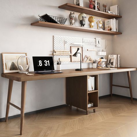 Long Desk Along Wall, Dining Room Turned Office, Desk For Two, Study Desks, Wood Desks, Double Desk, Long Desk, Solid Wood Desk, Bathtub Accessories