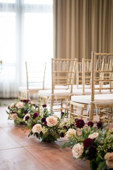 Burgundy Aisle Flowers, Burgundy Ceremony Decor, Burgundy Wedding Ceremony, Burgundy Aisle Decor, Burgundy And Peach Wedding, Wine Blush And Ivory Wedding, Burgundy And Blush Winter Wedding, Burgundy Blush Pink And Ivory Wedding, Light Green Wedding Ideas