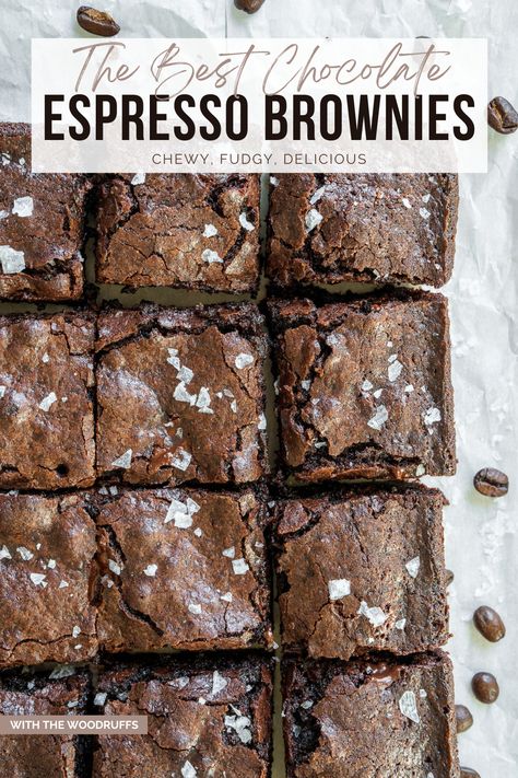 crackly brownies topped with flaky salt and cut into squares with coffee beans surrounding them on parchment paper Healthy Espresso Brownies, Brown Butter Espresso Brownies, Espresso Martini Brownies, Expresso Brownie Recipes, Brownies With Espresso Powder, Chocolate Espresso Brownies, Espresso Brownies Recipe, Coffee Brownies Recipe, Expresso Brownies