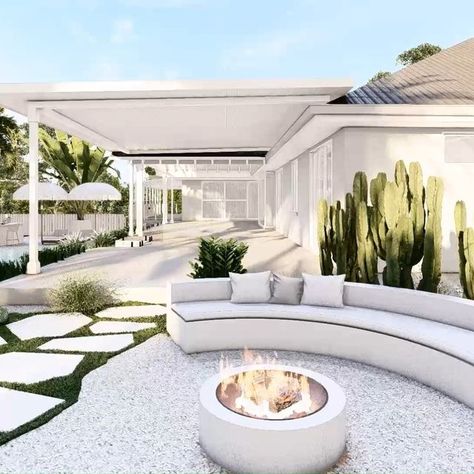 Emma Doman on Instagram: "Check out our latest project! We teamed up with the amazing design duo @andyanddeb from @dnaofdesign_ to turn a very tired 80's pool area into a clean, contemporary outdoor area for a beautiful Gold Coast family. As well as a full renovation to the existing pool, we've added some really cute little entertaining features. Who doesn't love lounging around the pool! 3D renders/fly through by @hanna_digital_design" White Outdoor Entertaining Area, White Outdoor Fire Pit, Rural Outdoor Entertaining Area, Modern Pool With Fire Feature, Pool Fire Feature, Fire Area, Built In Sofa, Australia House, Mediterranean Villa