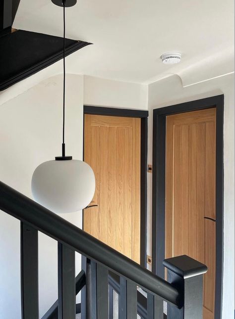 Hallway Black Woodwork, Black Staircase Oak Doors, Black And Oak Staircase Stair Railing, Black Oak And Glass Staircase, Black Framed Glass Internal Doors, White Hallway Ideas, Black And White Hallway, Black Hallway, Dark Hallway