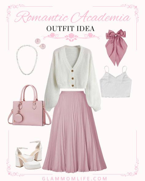 Sweetheart Outfit Aesthetic, Hyper Feminine Fall Outfits, Cute Pink Outfits Casual, Romantic Clothing Aesthetic, Tagaytay Outfit Ideas, Romantic Academia Aesthetic Outfit Pink, Pink Girly Aesthetic Outfits, Winter Pink Outfit, Elegant Pink Outfit