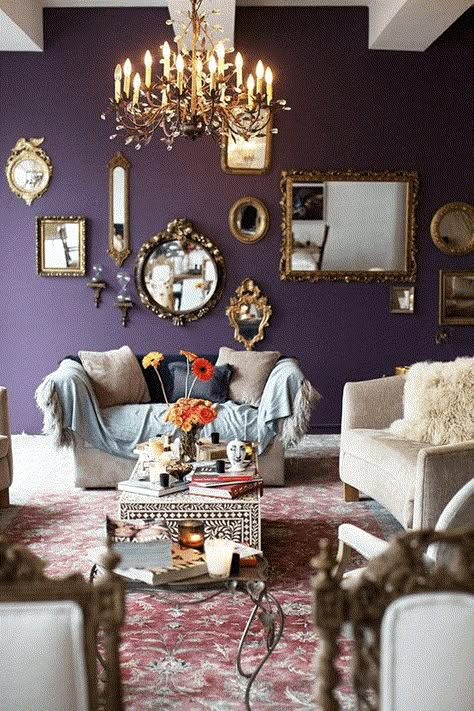 dark purple living room, benjamin moore shadow                                                                                                                                                                                 More Formal Living Room Dark Walls, Dark Purple Accent Wall Living Room, Purple Victorian Living Room, Dark Purple Wall Color, Dark Purple Living Room Ideas, Purple Wall Decor Ideas, Purple Living Room Walls, Dark Purple Accent Wall, Purple Accent Wall Living Room