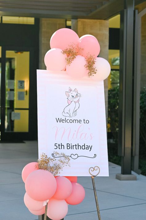 Aristocats First Birthday Party, Aristocat Birthday Party Ideas, Marie Themed Birthday Party, Aristocats Birthday Party Ideas, Aristocrats Marie Birthday, Marie The Cat Birthday Theme, Aristocats Baby Shower Ideas, Aristocrats Birthday Party, 1st Bday Decoration Ideas