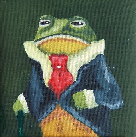 Painting of frog in a suit Frog In Suit Painting, Funny Oil Paintings, Frog In A Suit Drawing, Funny Frog Painting, Froggy Painting, Frog Painting Ideas, Frog Painting Easy, Frog In A Suit, Green Aesthetic Painting Ideas