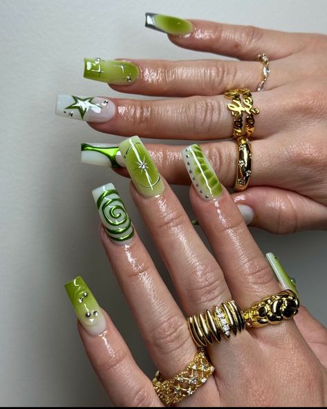 Earthy Green Acrylic Nails, Funky Green Nails, Nail Ideas Y2k Green, Green 2000s Nails, Funky Green Nail Designs, Brat Nails, Manicure With Gold, Groovy Green Nails, Green Chrome Nails