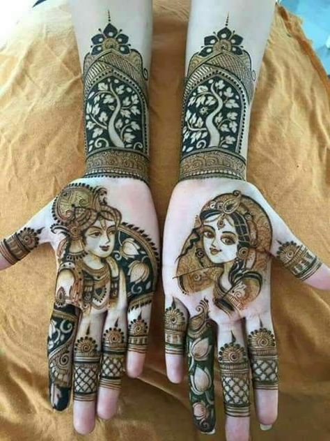 Absolutely love this Radha Krishan portrait on mehendi | Tree of life design | Trending mehendi designs for brides | Bridal henna inspiration | Henna Tattoos | Mehndi design  ideas | Image source: Pinterest | Every Indian bride’s Fav. Wedding E-magazine to read. Here for any marriage advice you need | www.wittyvows.com shares things no one tells brides, covers real weddings, ideas, inspirations, design trends and the right vendors, candid photographers etc. Bridal Mehendi Designs Hands, Mehndi Design Pictures, Modern Mehndi Designs, Engagement Mehndi Designs, Latest Bridal Mehndi Designs, Wedding Mehndi Designs, Bridal Mehendi Designs, Mehndi Designs For Girls, Mehndi Design Photos