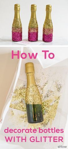 These mini-champagne bottles with glitter are the perfect on-table decor for Christmas, New Years Eve and any birthday! Wedding Food Table Decorations, Decorate Bottles, Glitter Carnaval, Food Table Decorations, Wedding Food Table, Mini Champagne Bottles, Glitter Bottle, Mini Champagne, Glitter Decor