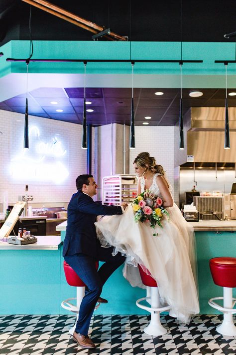 Retro Diner Wedding, Diner Wedding, Diner Engagement Shoot, In N Out Wedding Photos, Diner Wedding Photos, Diner Engagement Photos, Record Store Wedding Photos, Pastel Bouquet, Prom Photos