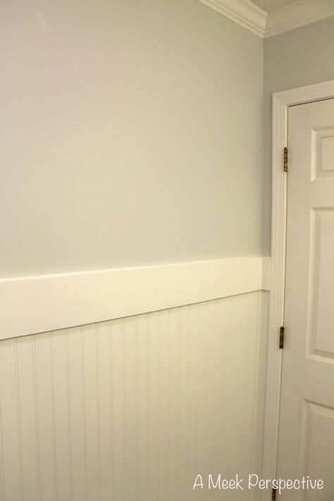 Thick chair rail above beadboard Thick Chair Rail, Beadboard Chair Rail Bedroom, Wide Chair Rail Ideas, Beadboard Chair Rail Ideas, Beadboard Chair Rail, Chair Rail Ideas, Beadboard Trim, Painted Beadboard, Bathroom Chair