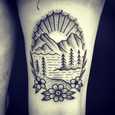 2,376 Likes, 69 Comments - Christian Lanouette (@christianlanouette) on Instagram: “Thank you Lindsey!” Outdoor Tattoo, Camping Tattoo, Western Tattoos, Landscape Tattoo, Bad Tattoos, Traditional Tattoo Art, Mountain Tattoo, American Traditional Tattoo, Nature Tattoos