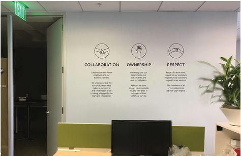 Moshi Core Values Wall on MICA Portfolios Core Value Wall Design, Office Values Wall, Values Wall Office, Core Values Wall, Core Values Wall Art, Company Values Wall Design, Core Values Office Wall Design, Core Values Design Graphics, Company Values Wall