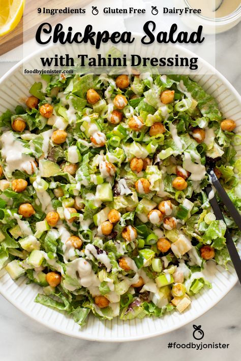 Salad Ideas Chickpeas, Chickpea Salad Tahini Dressing, Chickpea And Tahini Recipe, Dressing With Tahini, Chickpea Salad With Tahini Dressing, Cheekpeas Salads, Chickpea Salad Ideas, Toasted Chickpea Salad, Chic Pea Salad Recipe