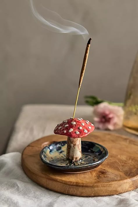 Candle Holders & Lanterns | Anthropologie Creative Incense Holder, Clay Insence Holder Ideas, Insence Holder Ideas, Small Clay Crafts, Clay Room Decor, Pottery Incense Holder, Clay Candle Holders, Magical Room, Mushroom Crafts